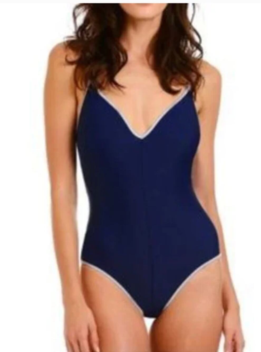Sam Edelman Pop Solids One Piece Swimsuit Navy Blue Metallic Silver Women Medium